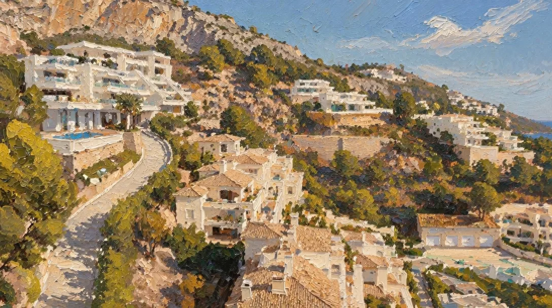 Painterly view of sea-view homes in Altea Hills
